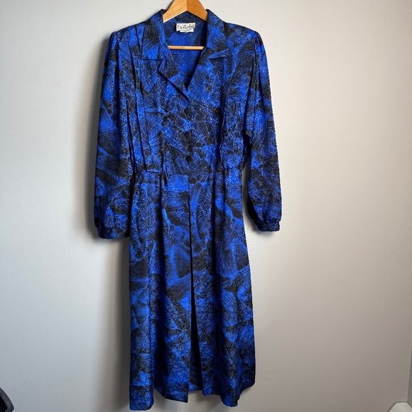 Silhouettes Women's Vintage Satin 1/2 Button Midi Dress Blue/Black 16 Formal 80s - Picture 1 of 16